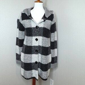 MARY FIRENZE Wool Mohair Blend Sweater Coat LG Hood Plaid Midi Button Up Italy